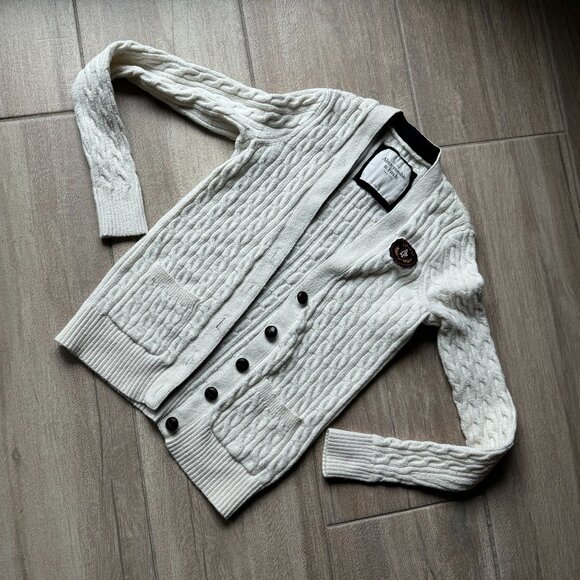 A&F Ivory Cable Knit Cardigan w/ Embroidered Crest - Women's XS - Picture 1 of 5